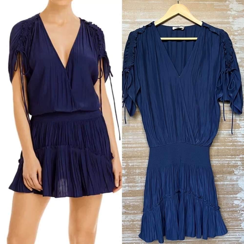 Navy V-Neck Pleated Short Dress - Women's